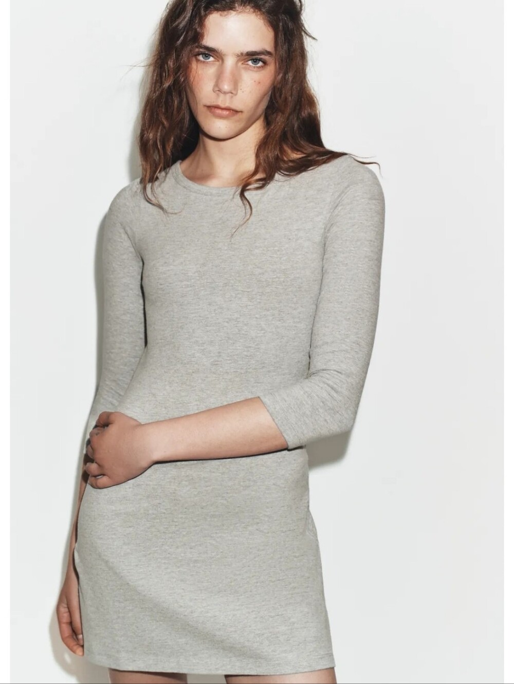 Zara Heather Gray Mini Dress with Three-Quarter Sleeves